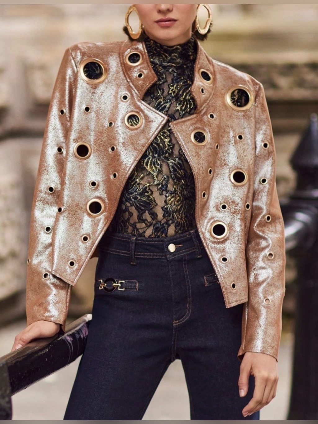 Nwt Frank Lyman Design Collection Metallic Rose-Gold Eyelet Jacket.Stunning